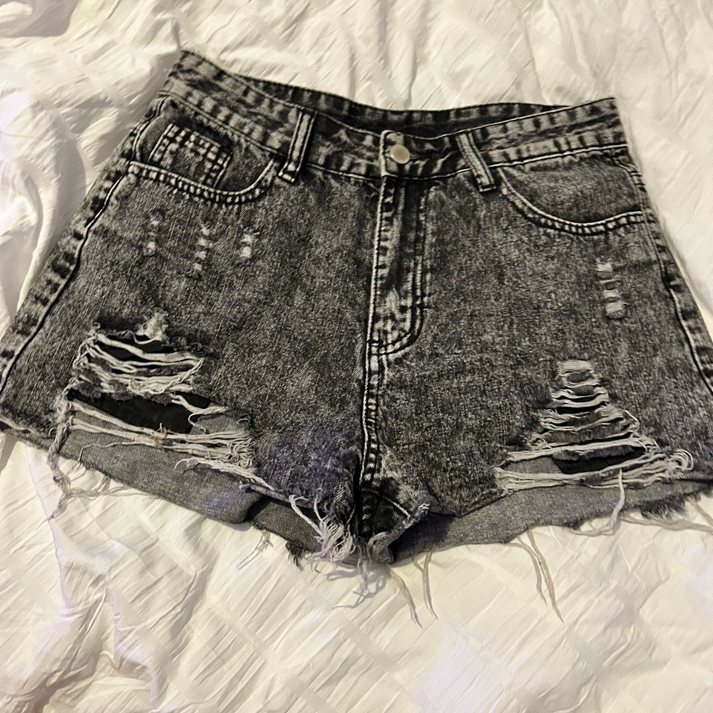 Distressed Black Denim Shorts